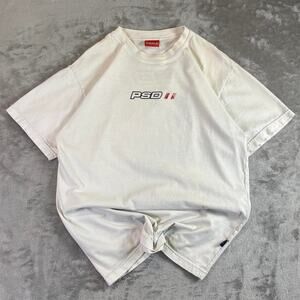 Y2K PSD Surfwear Graphic T Shirt Mens Medium Cream Logo Streetwear Skate Casual